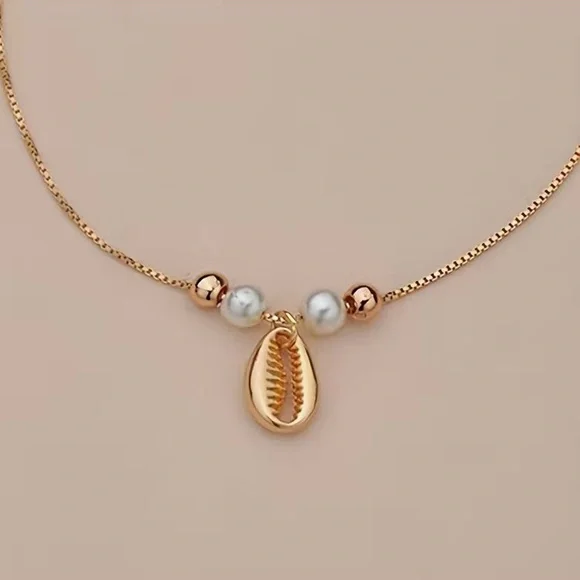 Dainty Faux Pearl Gold Toned Shell Anklet Set - Picture 5 of 5